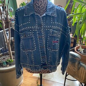 Studded Denim Jacket with Embroidered Patch